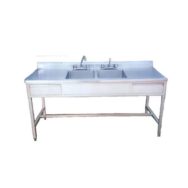 Mesa alta de 180 cm con doble fregadero central y cajones (180 x 70 x 90 cm.) sin accesorios